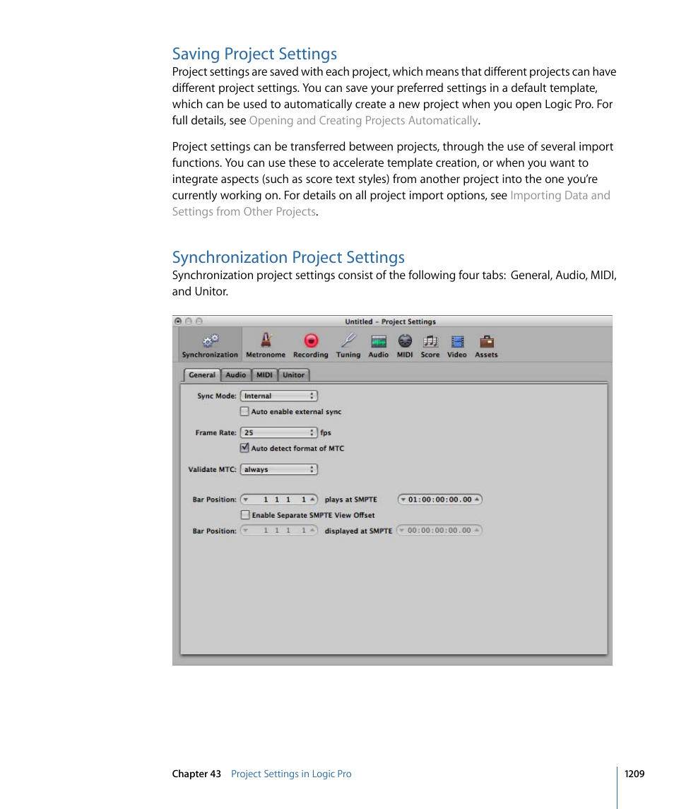 Saving project settings, Synchronization project settings | Apple Logic Pro 9 User Manual | Page 1209 / 1340