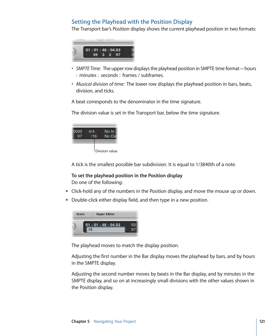 Setting the playhead with the position display | Apple Logic Pro 9 User Manual | Page 121 / 1340