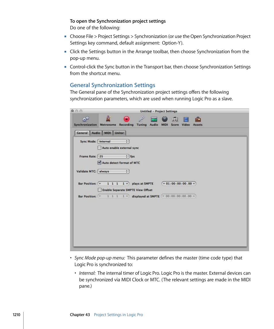 General synchronization settings | Apple Logic Pro 9 User Manual | Page 1210 / 1340