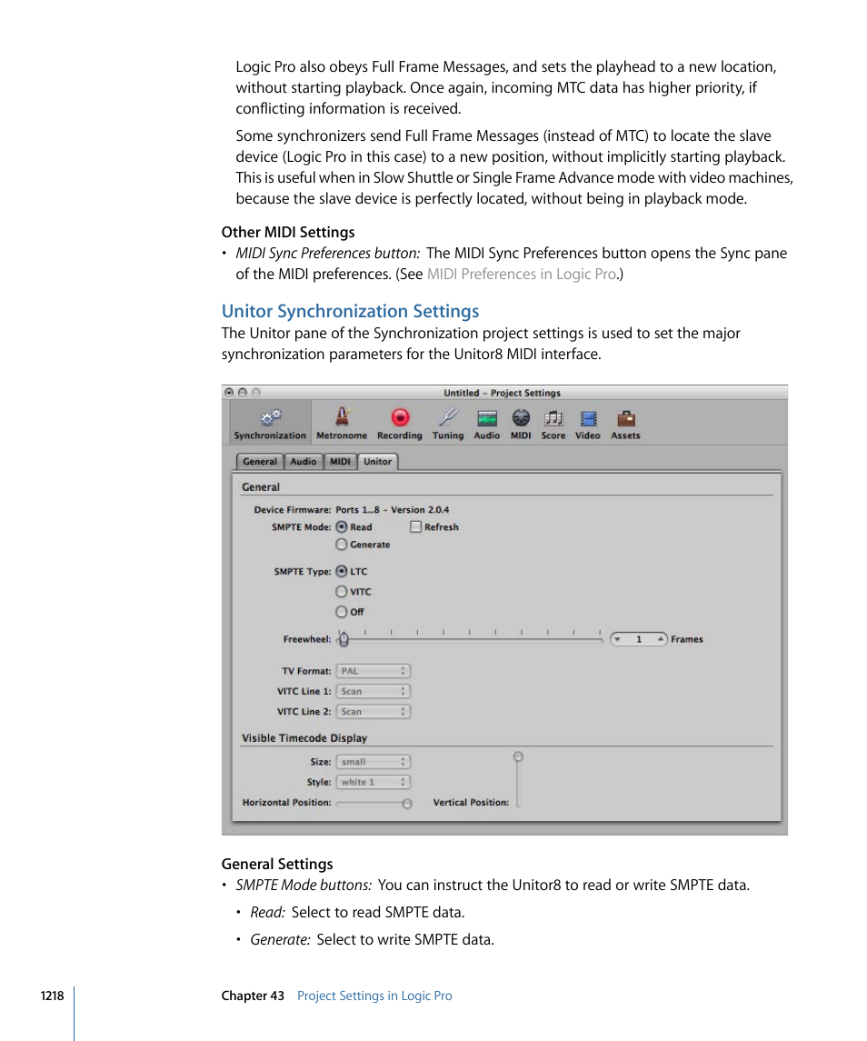 Unitor synchronization settings | Apple Logic Pro 9 User Manual | Page 1218 / 1340