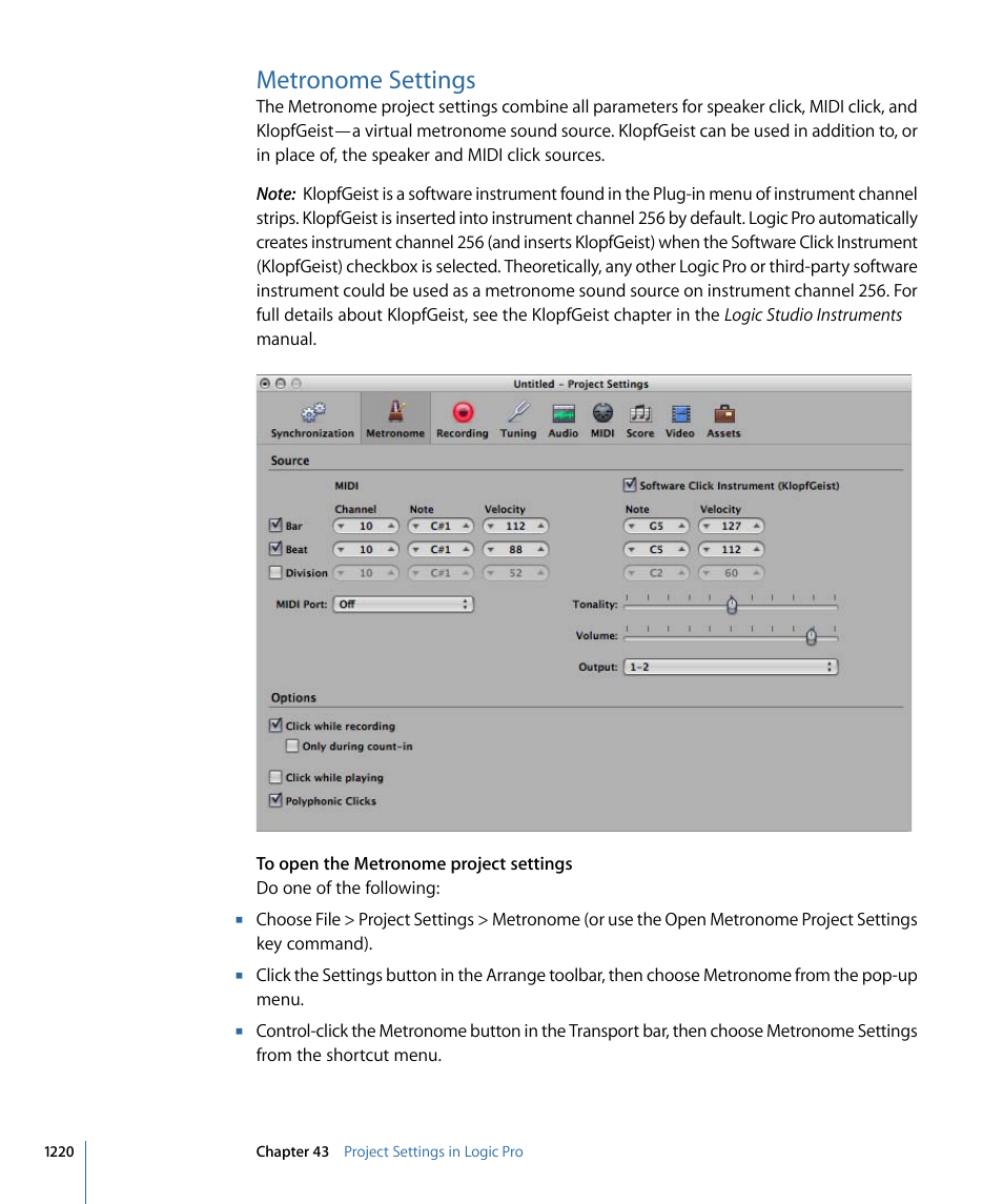 Metronome settings | Apple Logic Pro 9 User Manual | Page 1220 / 1340