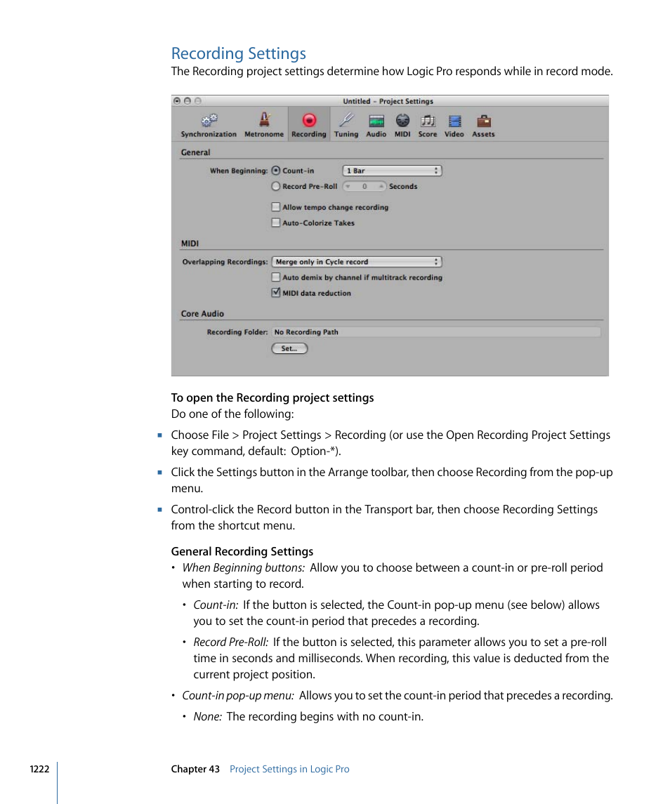Recording settings | Apple Logic Pro 9 User Manual | Page 1222 / 1340