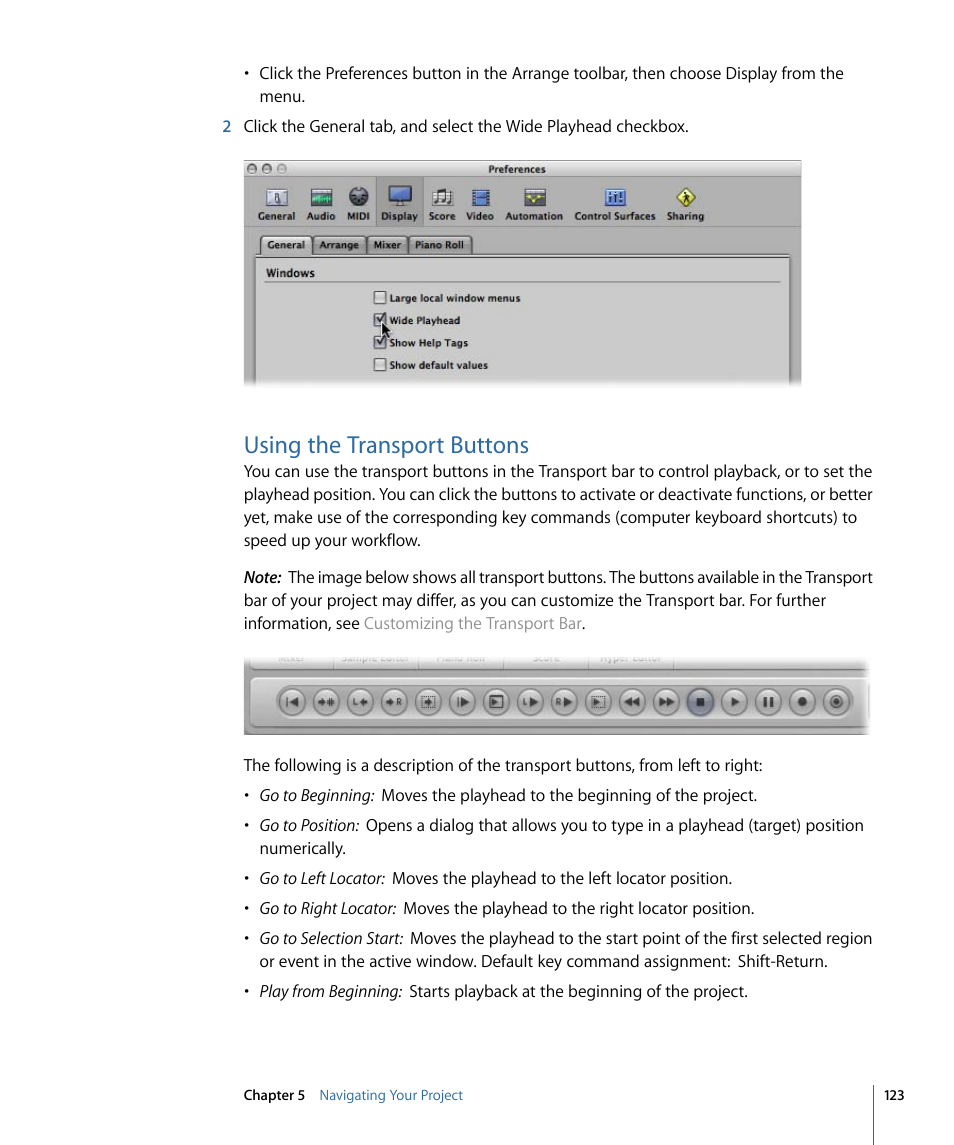 Using the transport buttons | Apple Logic Pro 9 User Manual | Page 123 / 1340