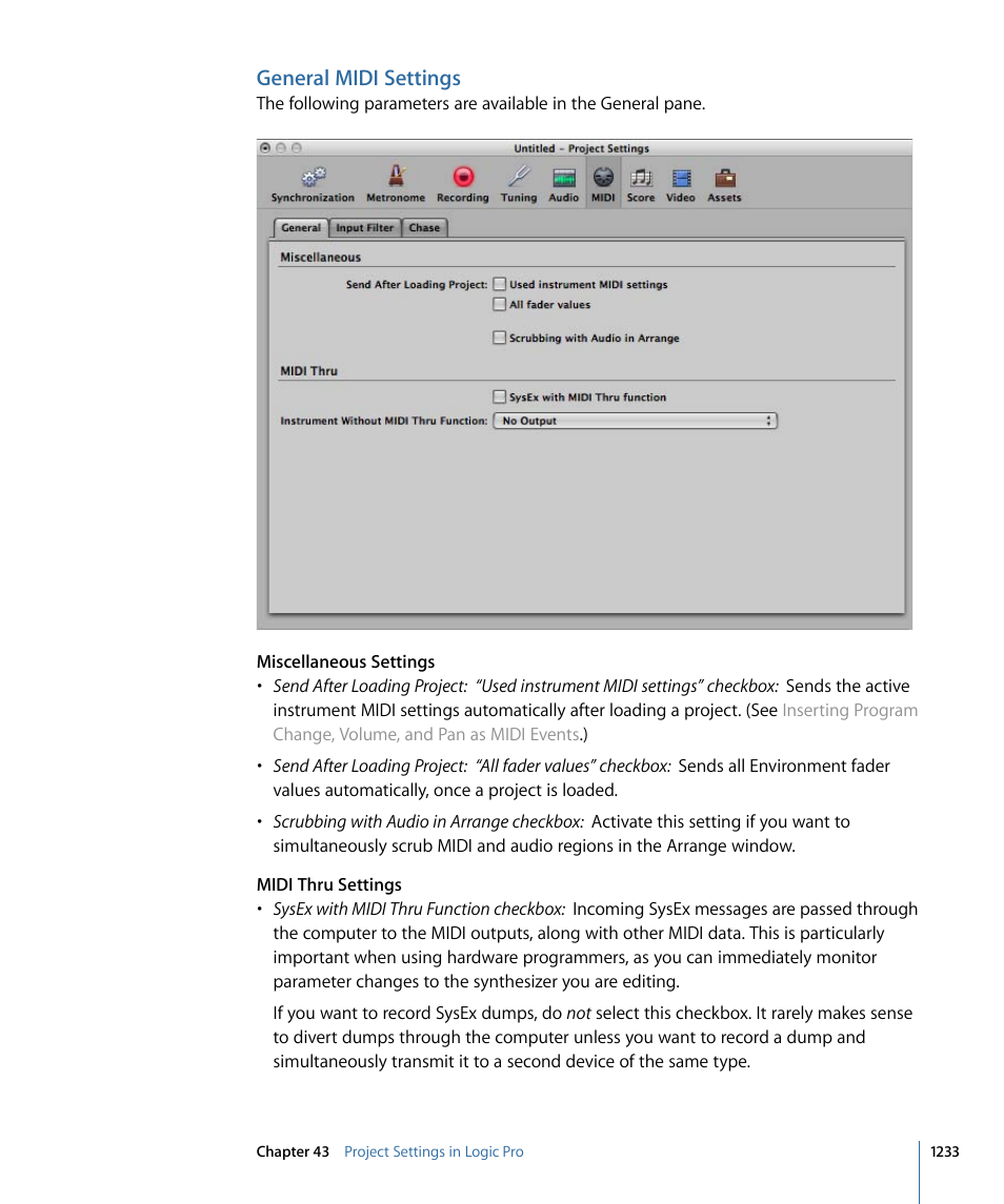 General midi settings | Apple Logic Pro 9 User Manual | Page 1233 / 1340