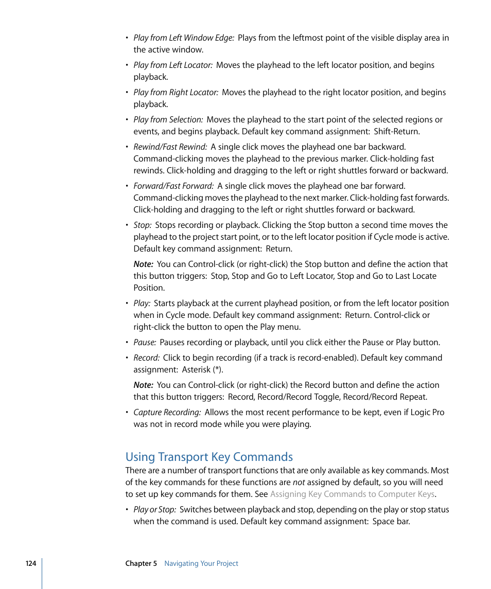 Using transport key commands | Apple Logic Pro 9 User Manual | Page 124 / 1340