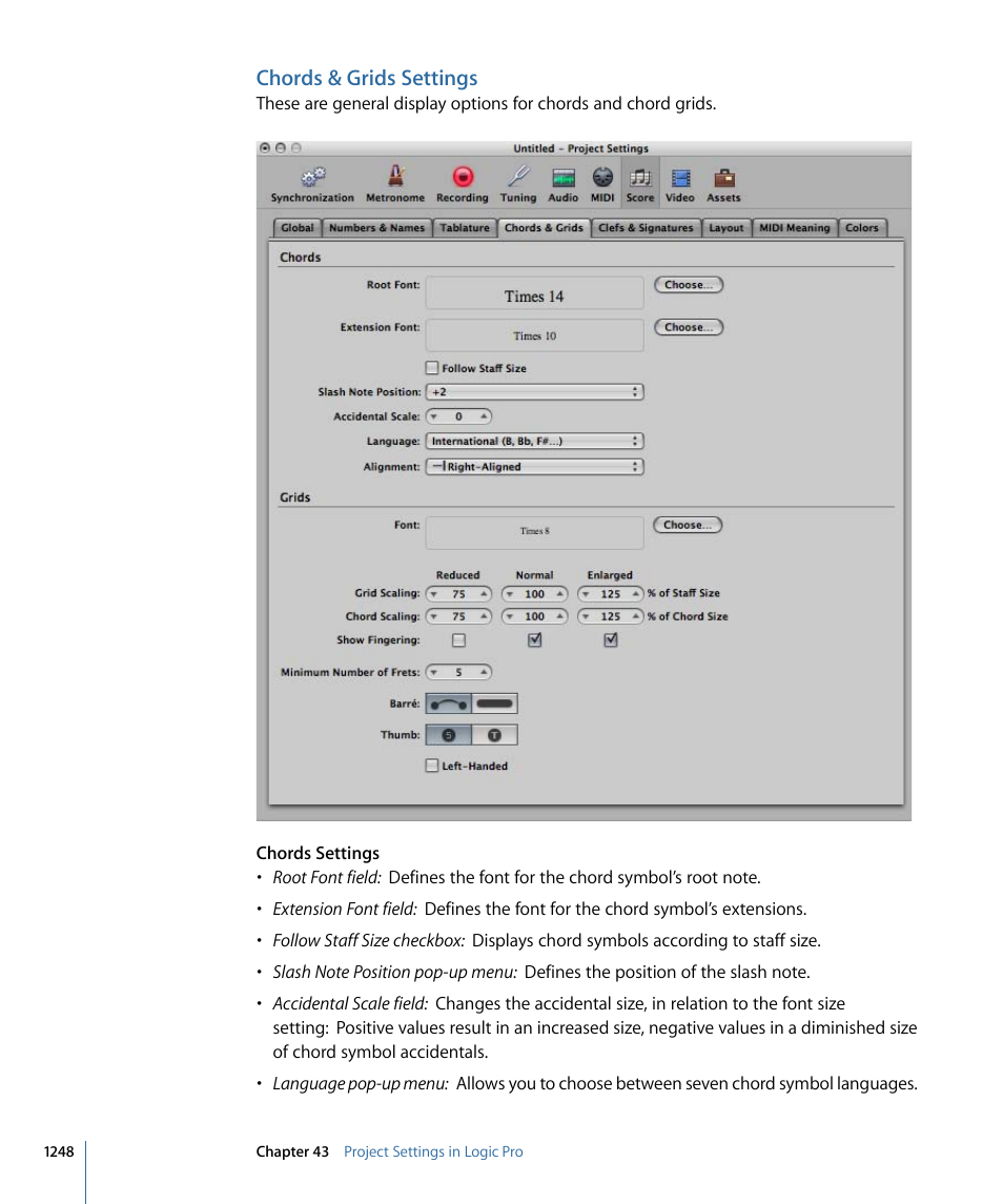 Chords & grids settings | Apple Logic Pro 9 User Manual | Page 1248 / 1340
