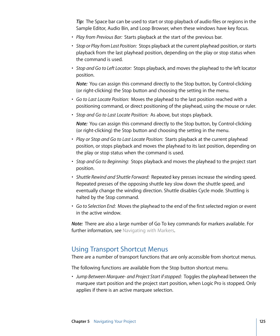 Using transport shortcut menus | Apple Logic Pro 9 User Manual | Page 125 / 1340