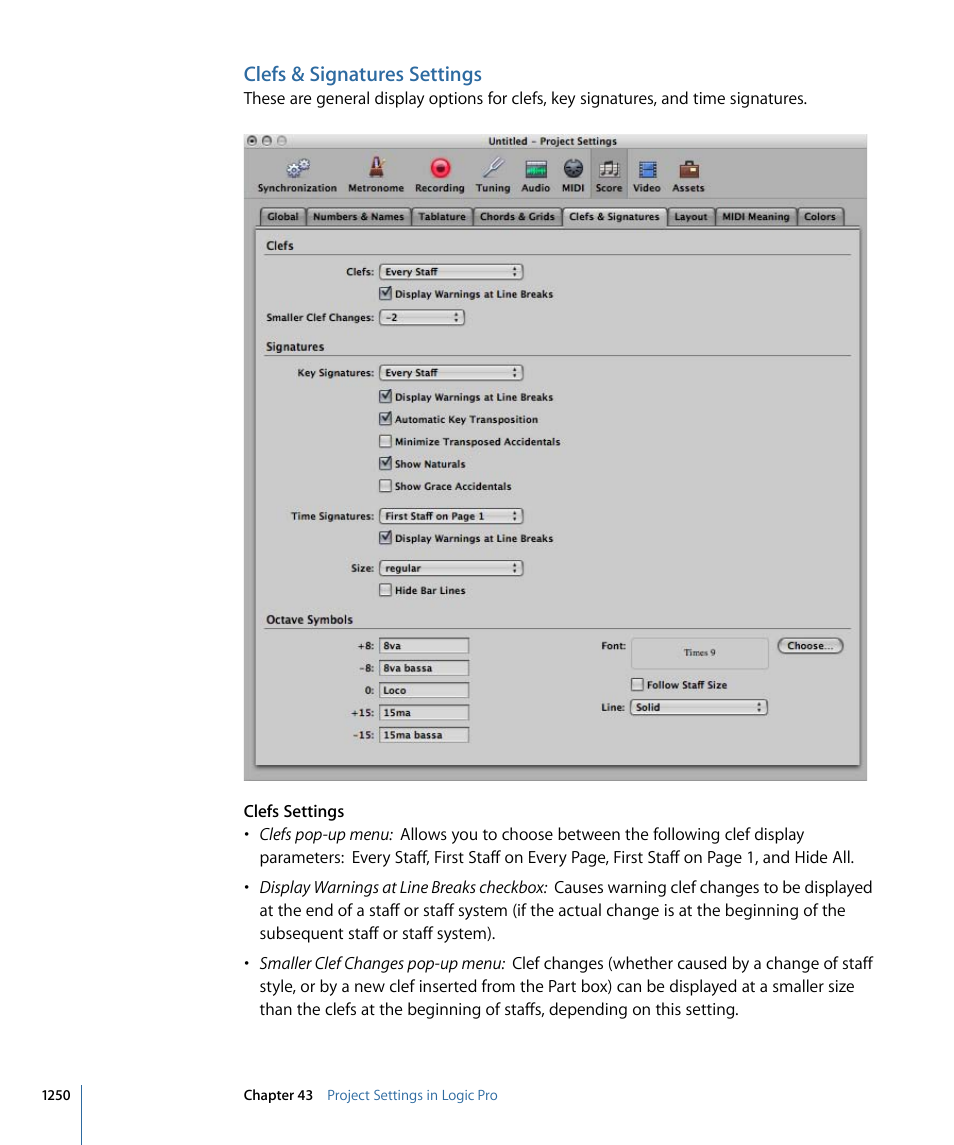 Clefs & signatures settings | Apple Logic Pro 9 User Manual | Page 1250 / 1340