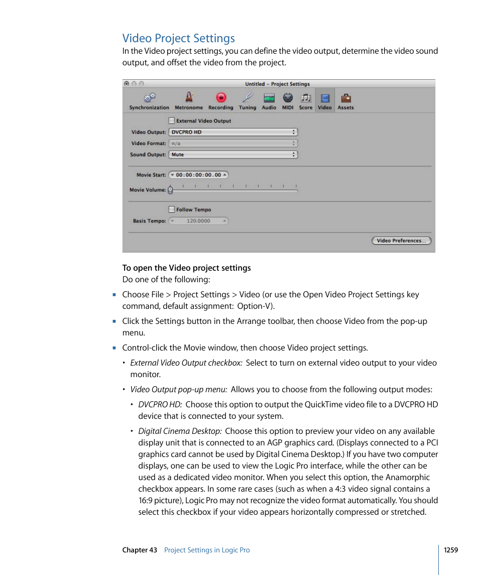 Video project settings | Apple Logic Pro 9 User Manual | Page 1259 / 1340