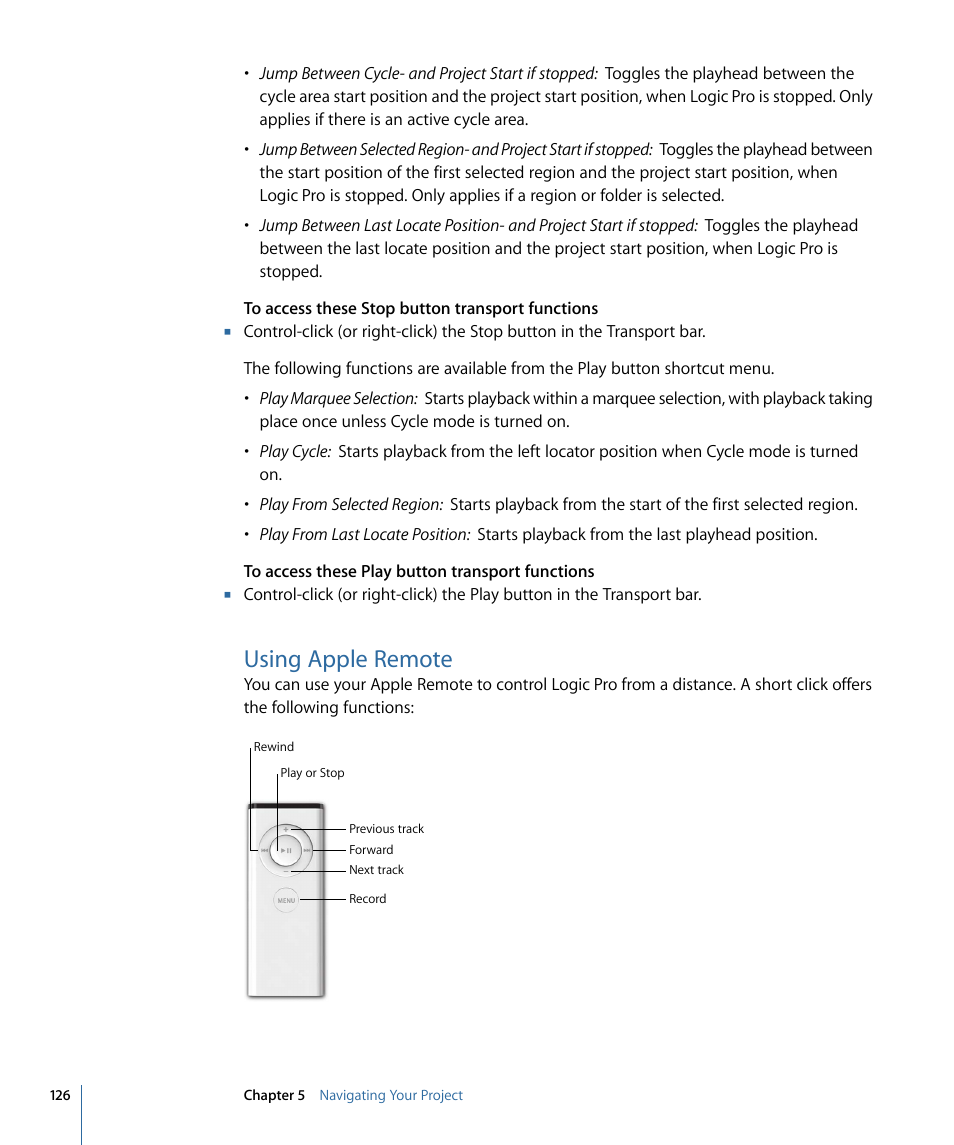 Using apple remote | Apple Logic Pro 9 User Manual | Page 126 / 1340