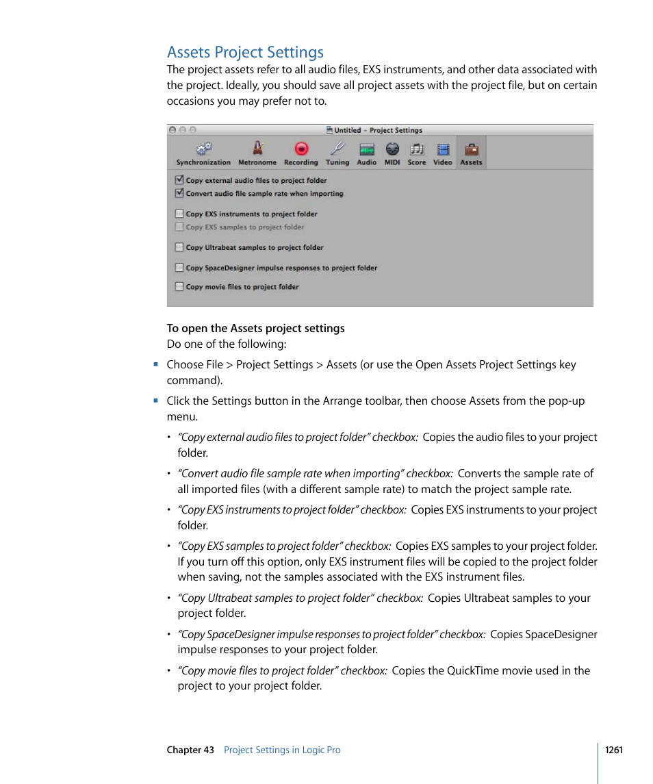 Assets project settings | Apple Logic Pro 9 User Manual | Page 1261 / 1340