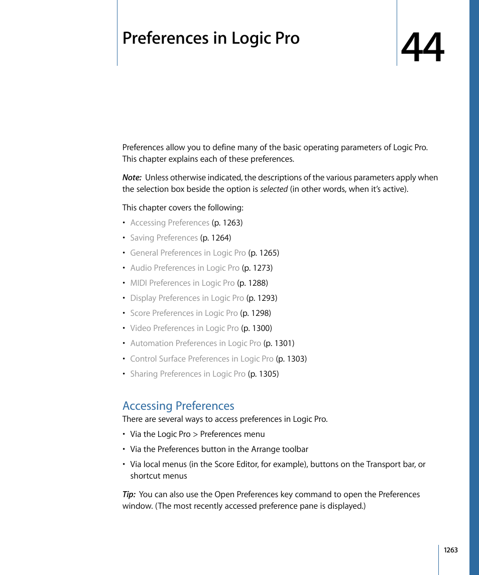 Preferences in logic pro, Accessing preferences | Apple Logic Pro 9 User Manual | Page 1263 / 1340