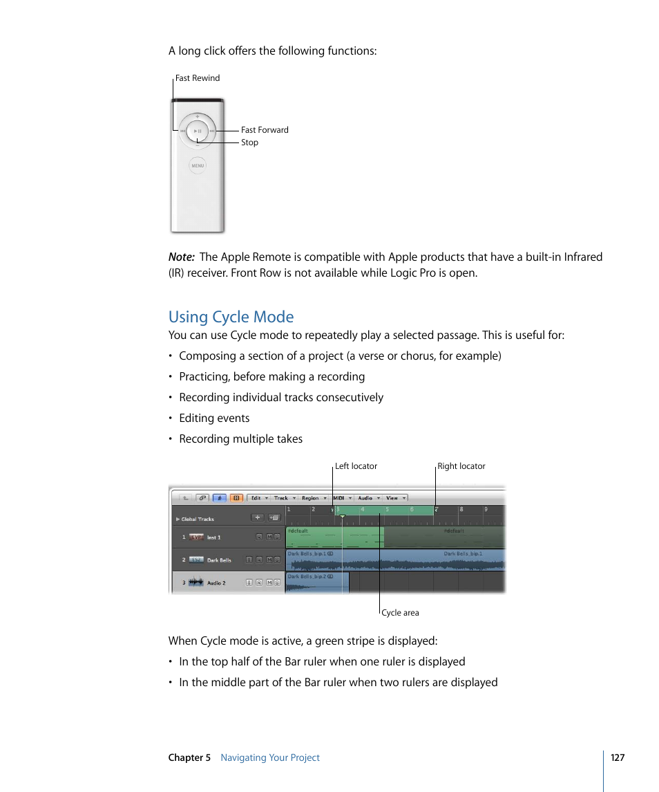 Using cycle mode | Apple Logic Pro 9 User Manual | Page 127 / 1340
