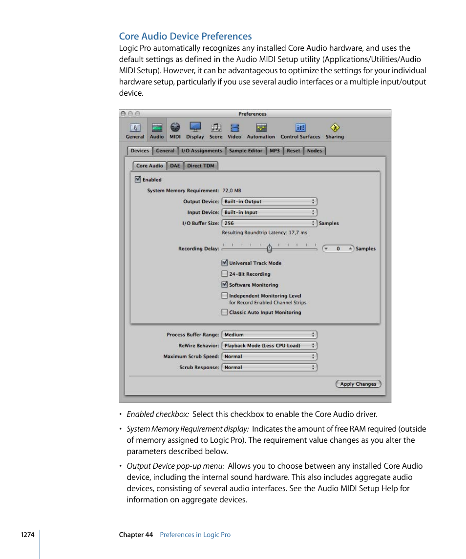 Core audio device preferences | Apple Logic Pro 9 User Manual | Page 1274 / 1340