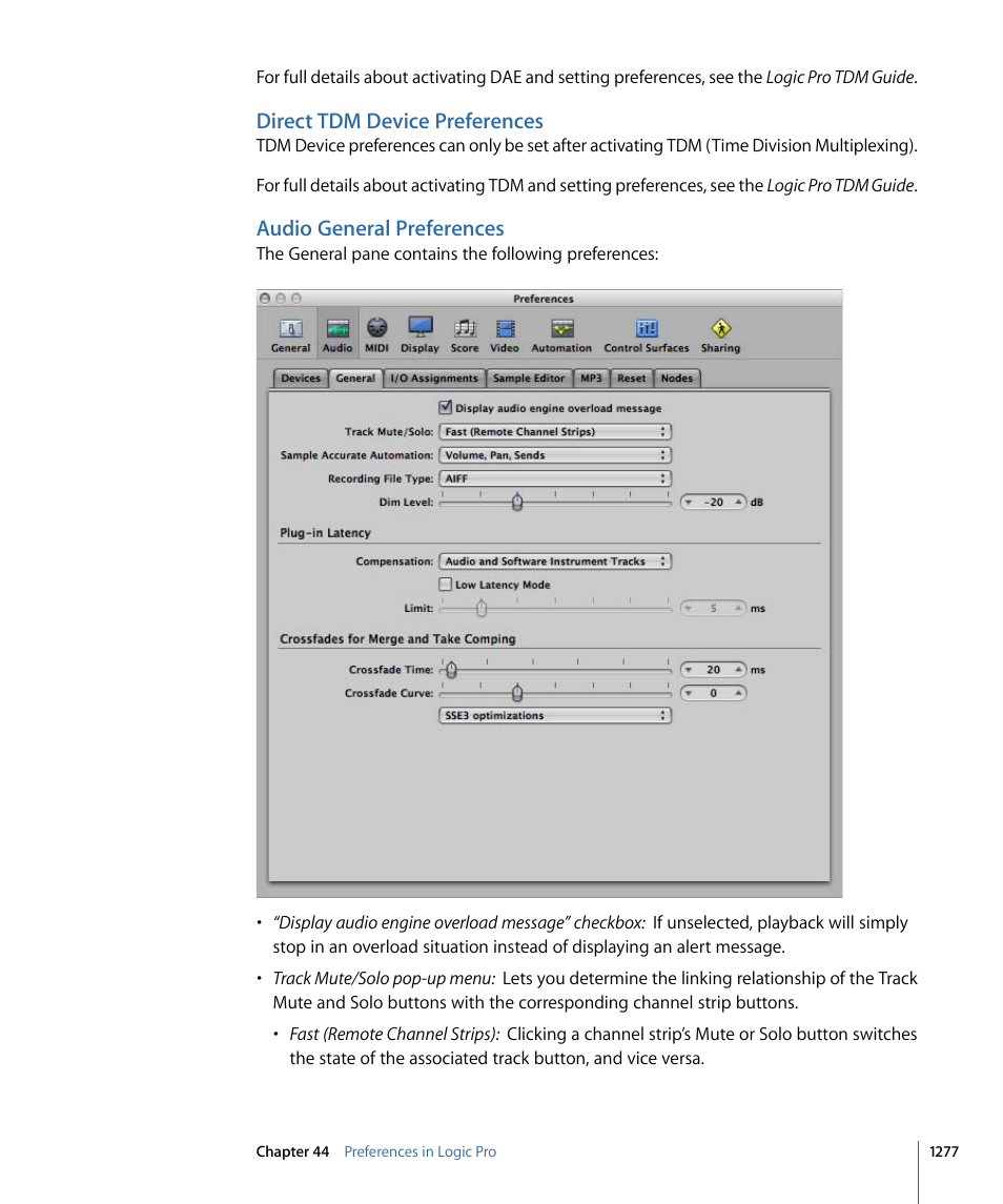 Direct tdm device preferences, Audio general preferences | Apple Logic Pro 9 User Manual | Page 1277 / 1340
