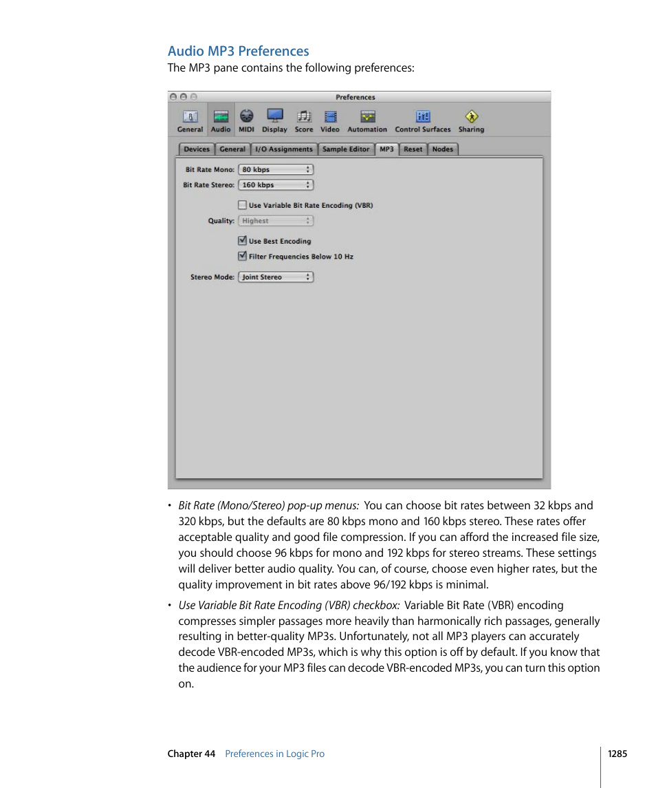 Audio mp3 preferences | Apple Logic Pro 9 User Manual | Page 1285 / 1340
