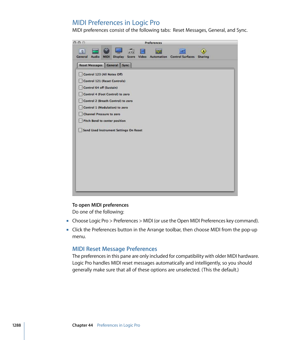 Midi preferences in logic pro, Midi reset message preferences | Apple Logic Pro 9 User Manual | Page 1288 / 1340