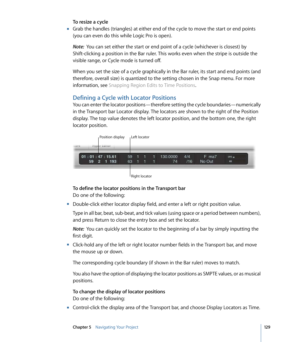 Defining a cycle with locator positions | Apple Logic Pro 9 User Manual | Page 129 / 1340