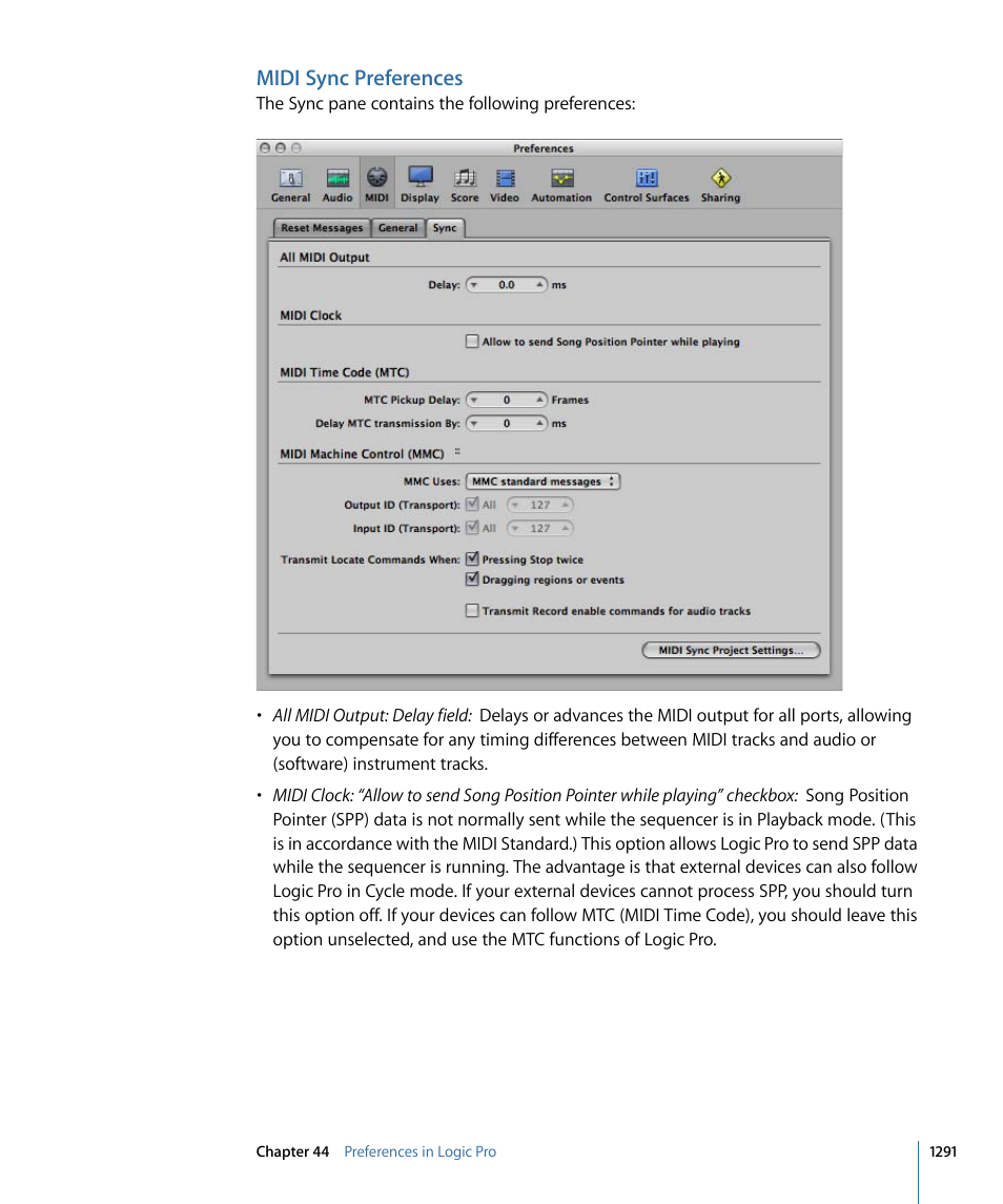 Midi sync preferences | Apple Logic Pro 9 User Manual | Page 1291 / 1340