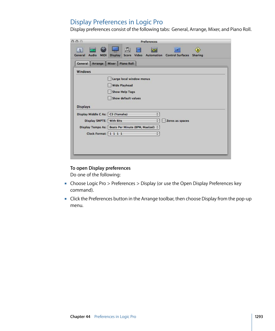 Display preferences in logic pro | Apple Logic Pro 9 User Manual | Page 1293 / 1340