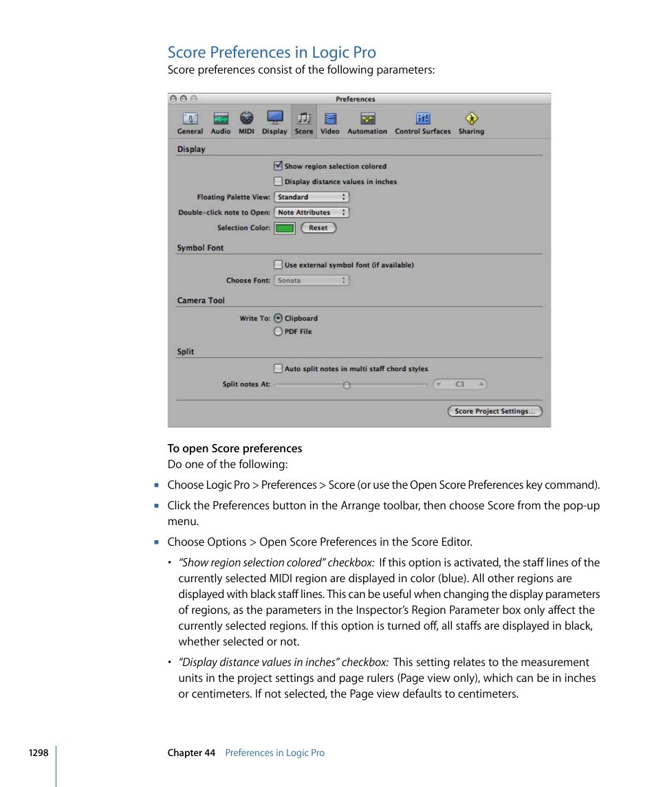 Score preferences in logic pro | Apple Logic Pro 9 User Manual | Page 1298 / 1340