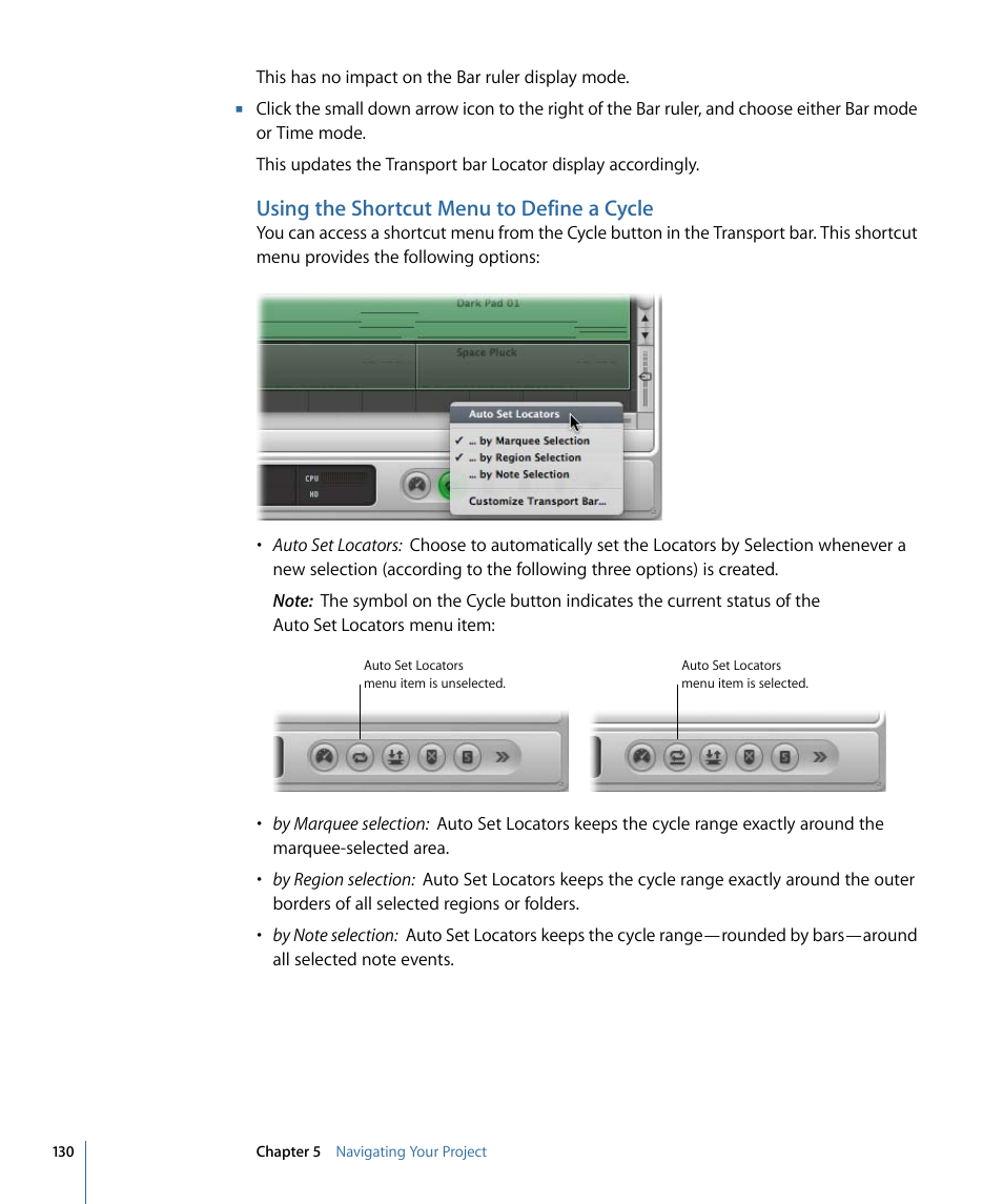Using the shortcut menu to define a cycle | Apple Logic Pro 9 User Manual | Page 130 / 1340