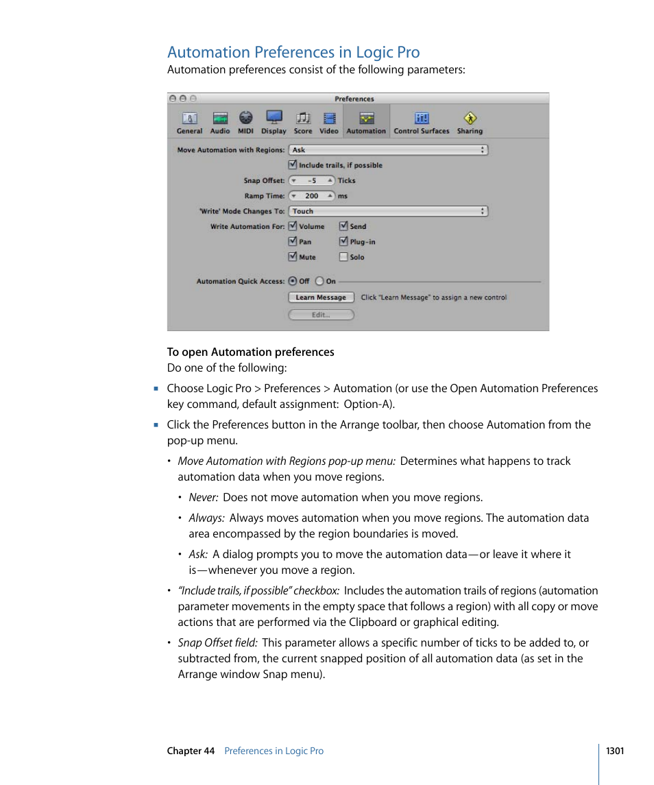 Automation preferences in logic pro | Apple Logic Pro 9 User Manual | Page 1301 / 1340
