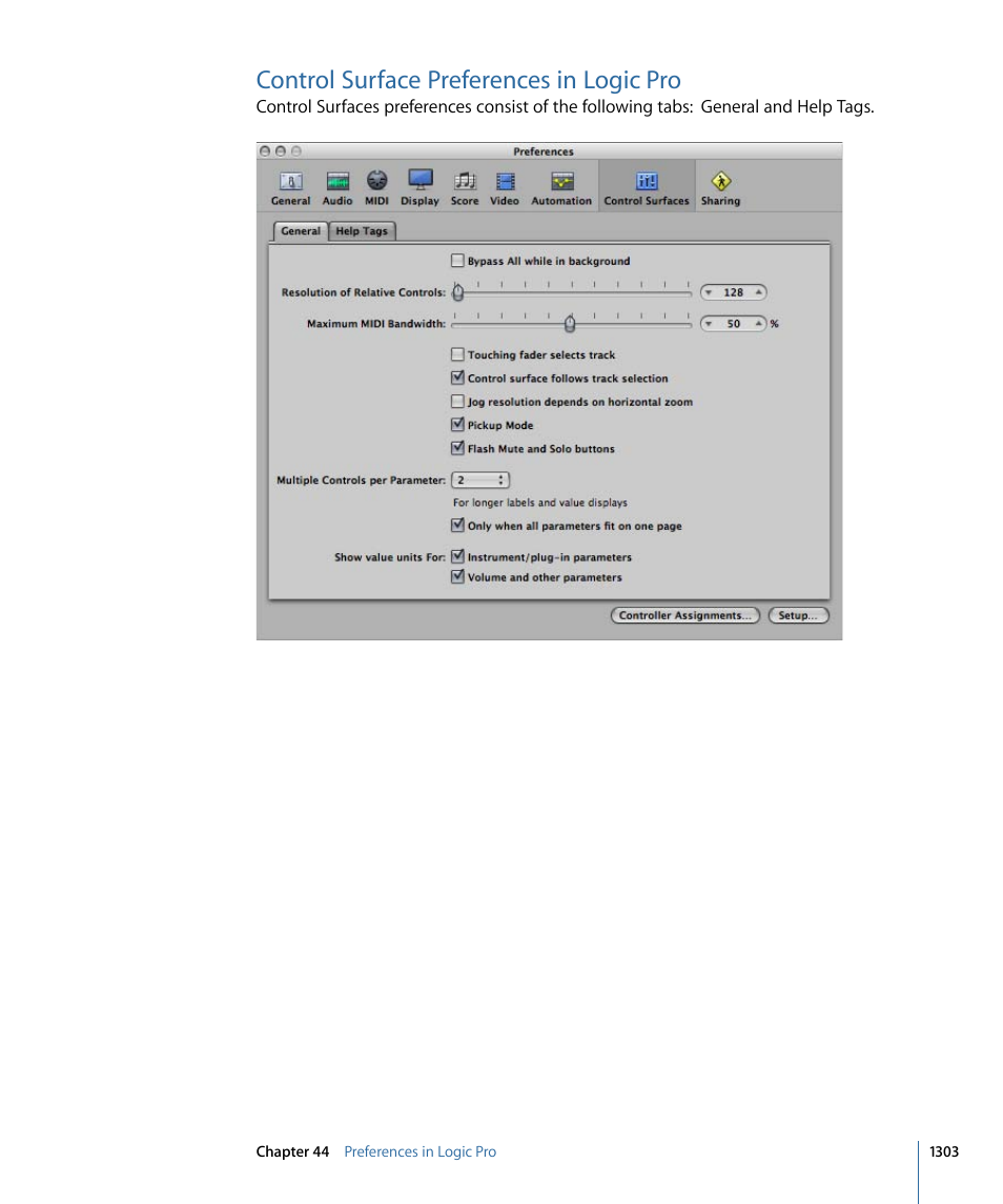 Control surface preferences in logic pro | Apple Logic Pro 9 User Manual | Page 1303 / 1340