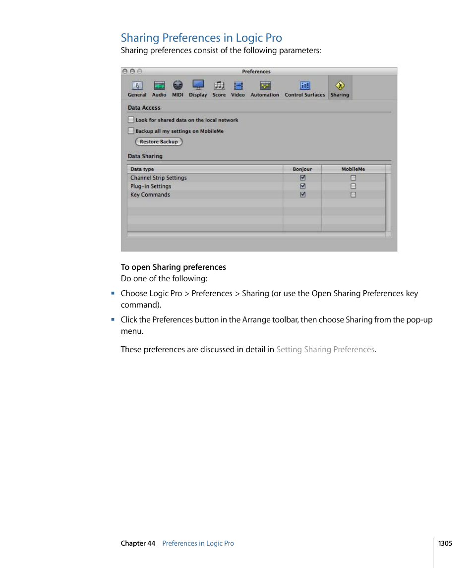 Sharing preferences in logic pro | Apple Logic Pro 9 User Manual | Page 1305 / 1340