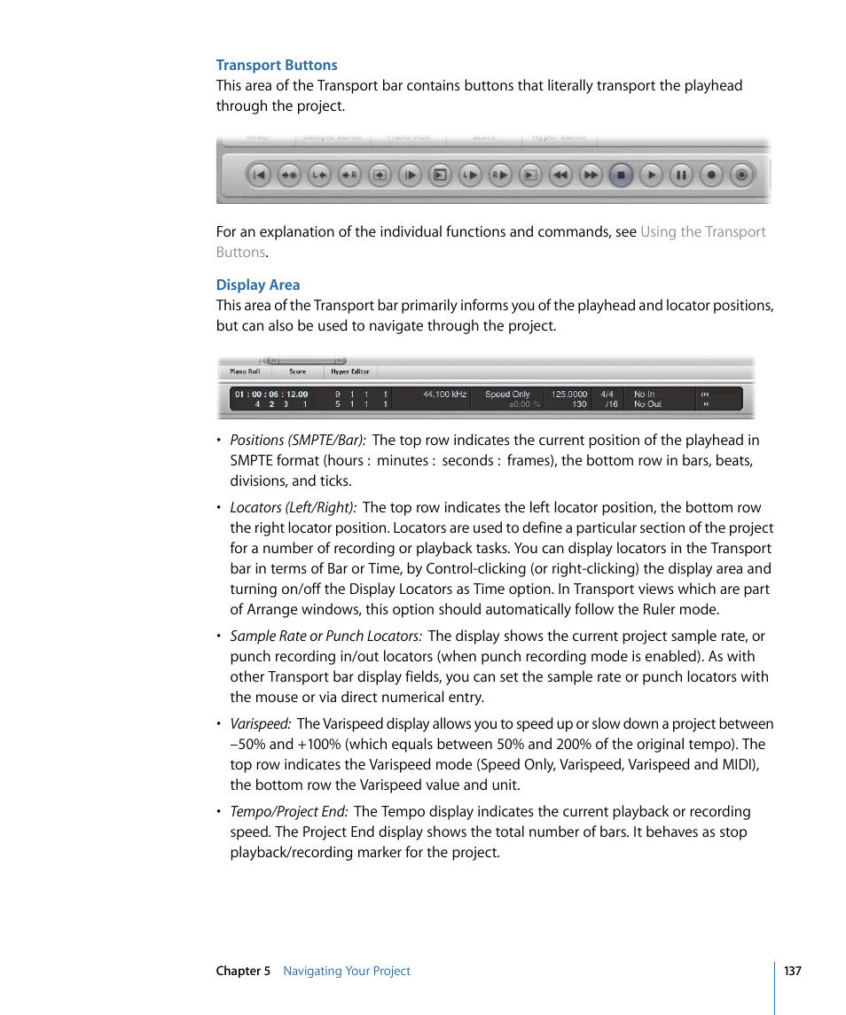 Transport buttons, Display area | Apple Logic Pro 9 User Manual | Page 137 / 1340