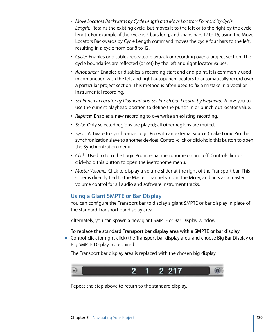 Using a giant smpte or bar display | Apple Logic Pro 9 User Manual | Page 139 / 1340
