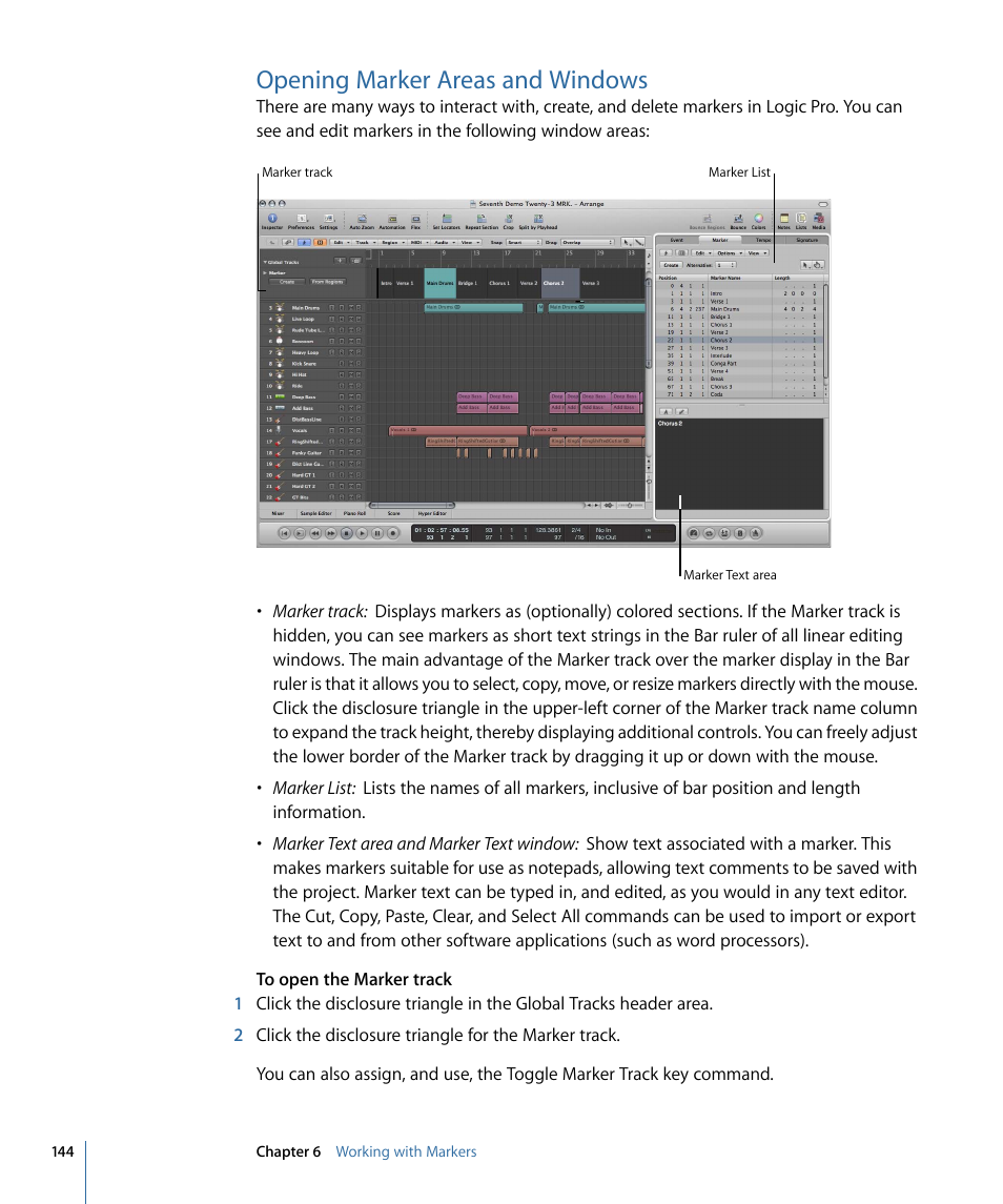Opening marker areas and windows | Apple Logic Pro 9 User Manual | Page 144 / 1340