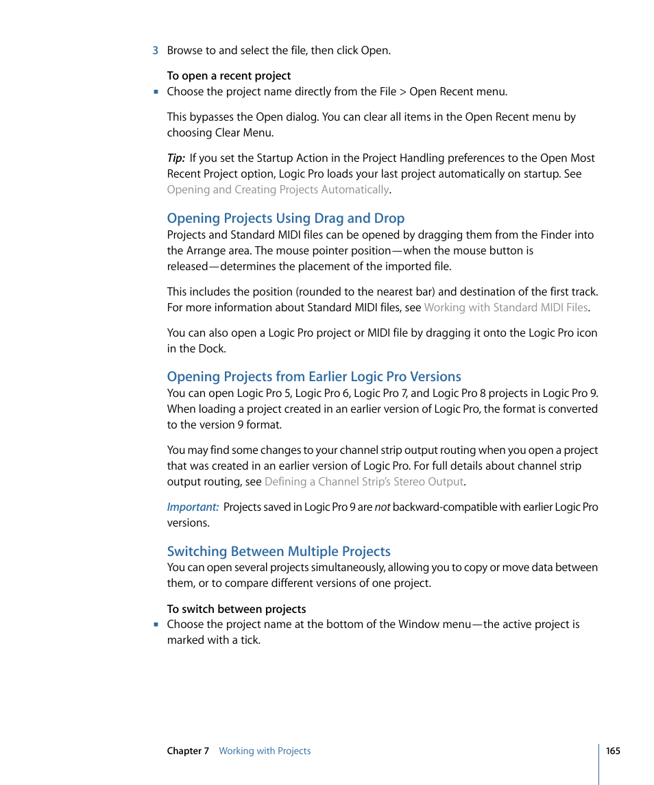 Opening projects using drag and drop, Opening projects from earlier logic pro versions, Switching between multiple projects | Apple Logic Pro 9 User Manual | Page 165 / 1340