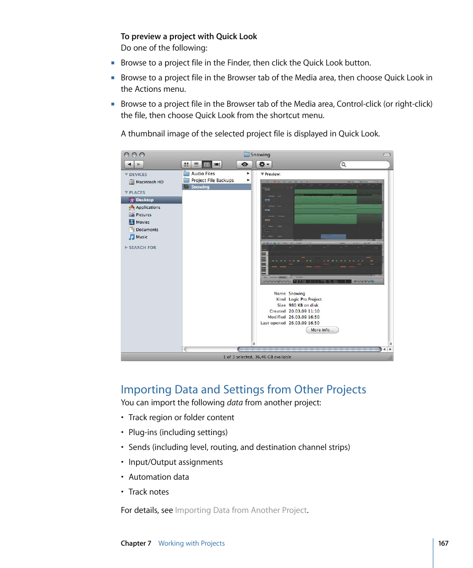 Importing data and settings from other projects | Apple Logic Pro 9 User Manual | Page 167 / 1340