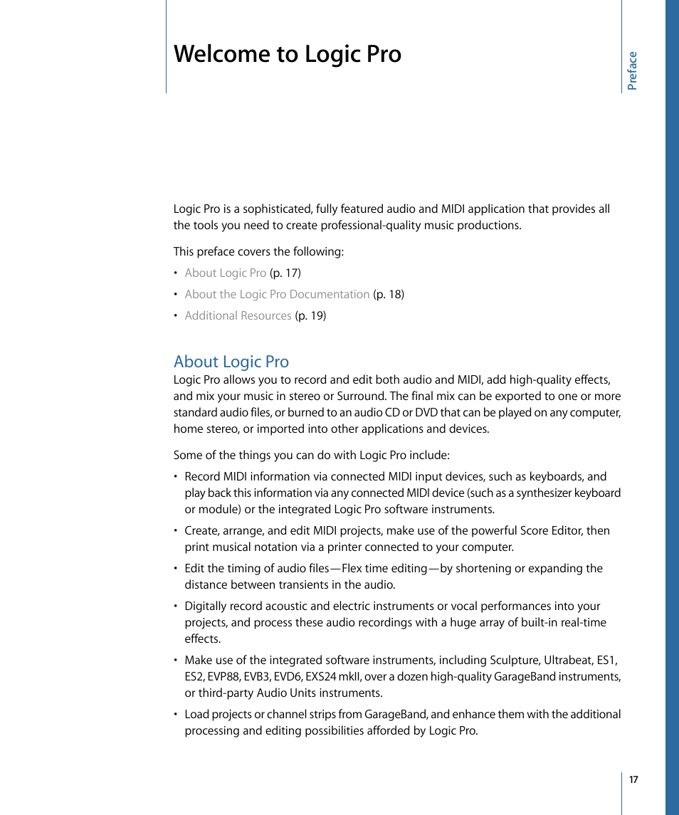 Welcome to logic pro, About logic pro | Apple Logic Pro 9 User Manual | Page 17 / 1340
