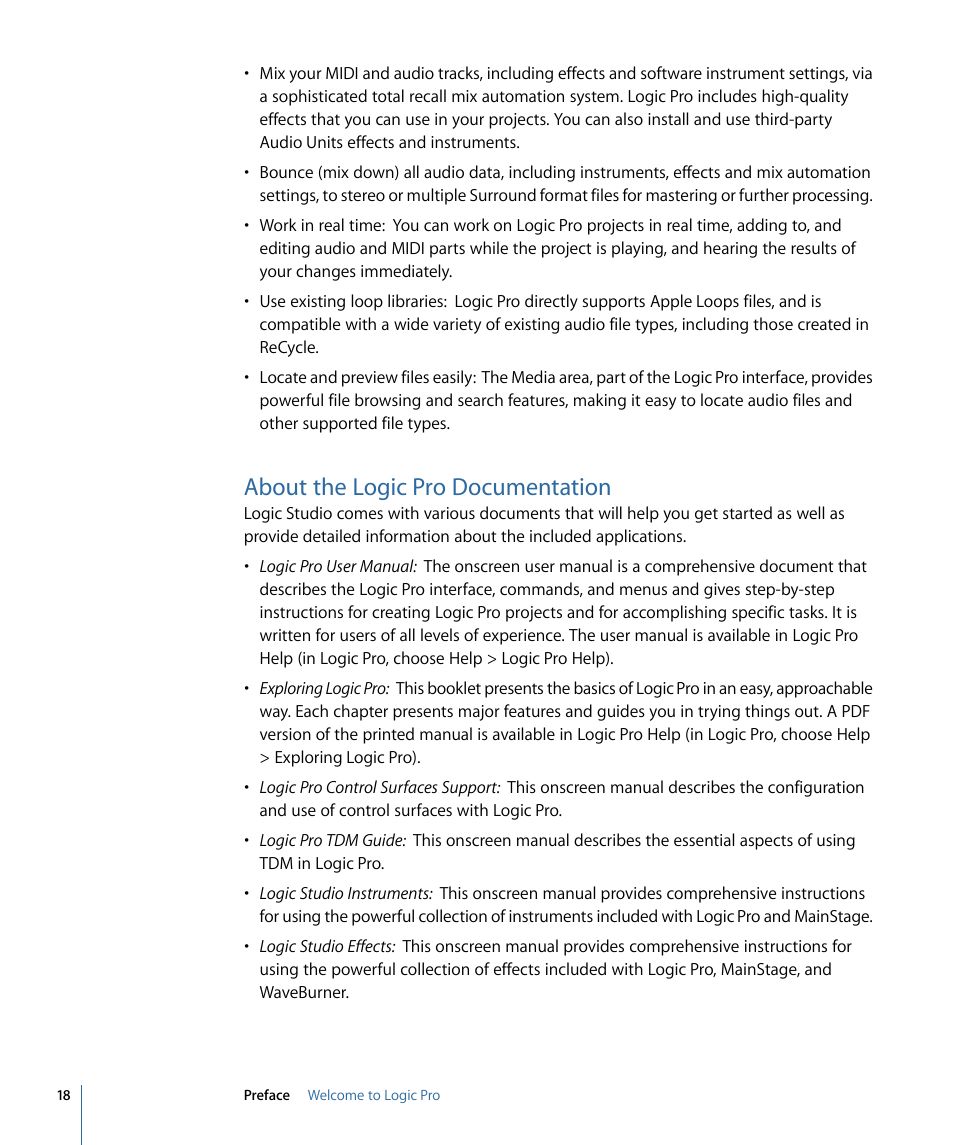 About the logic pro documentation | Apple Logic Pro 9 User Manual | Page 18 / 1340