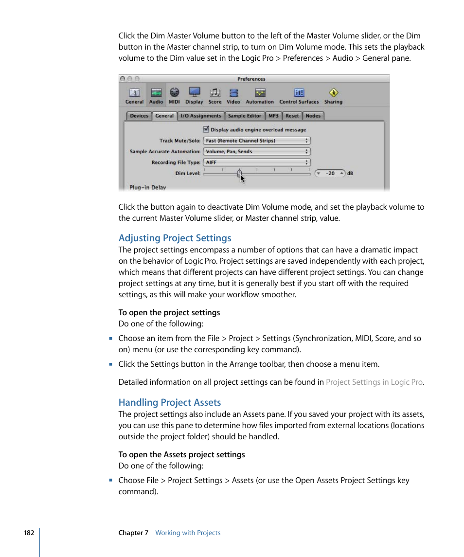 Adjusting project settings, Handling project assets | Apple Logic Pro 9 User Manual | Page 182 / 1340
