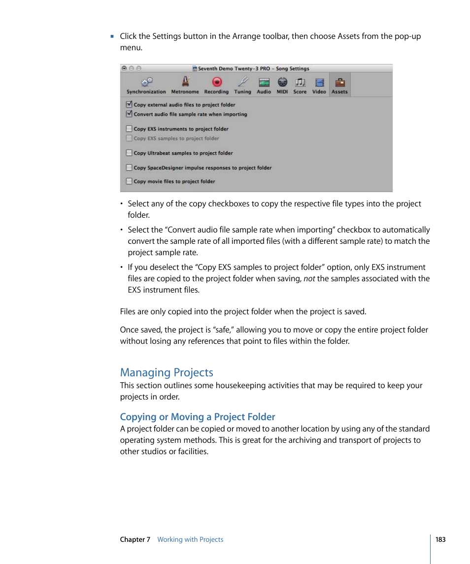 Managing projects, Copying or moving a project folder | Apple Logic Pro 9 User Manual | Page 183 / 1340