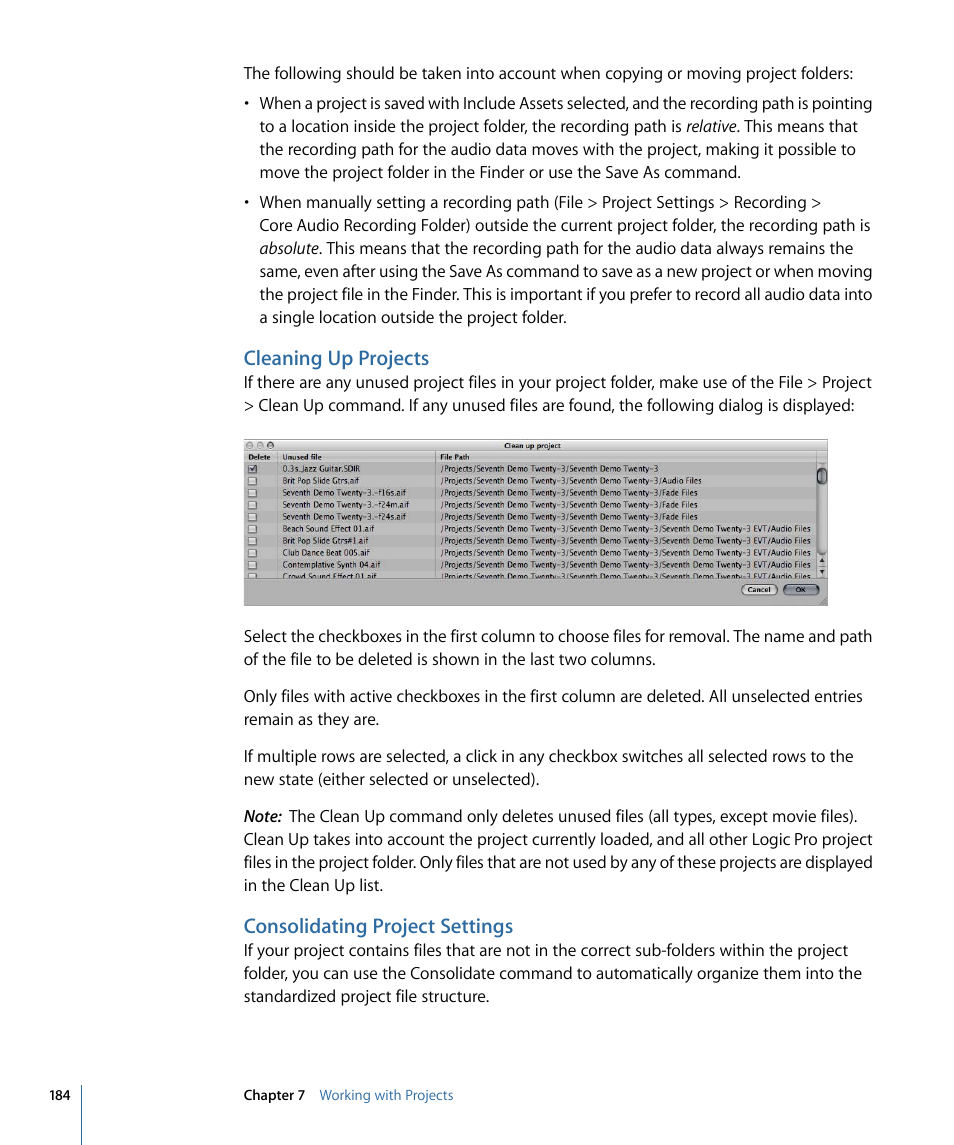 Cleaning up projects, Consolidating project settings | Apple Logic Pro 9 User Manual | Page 184 / 1340