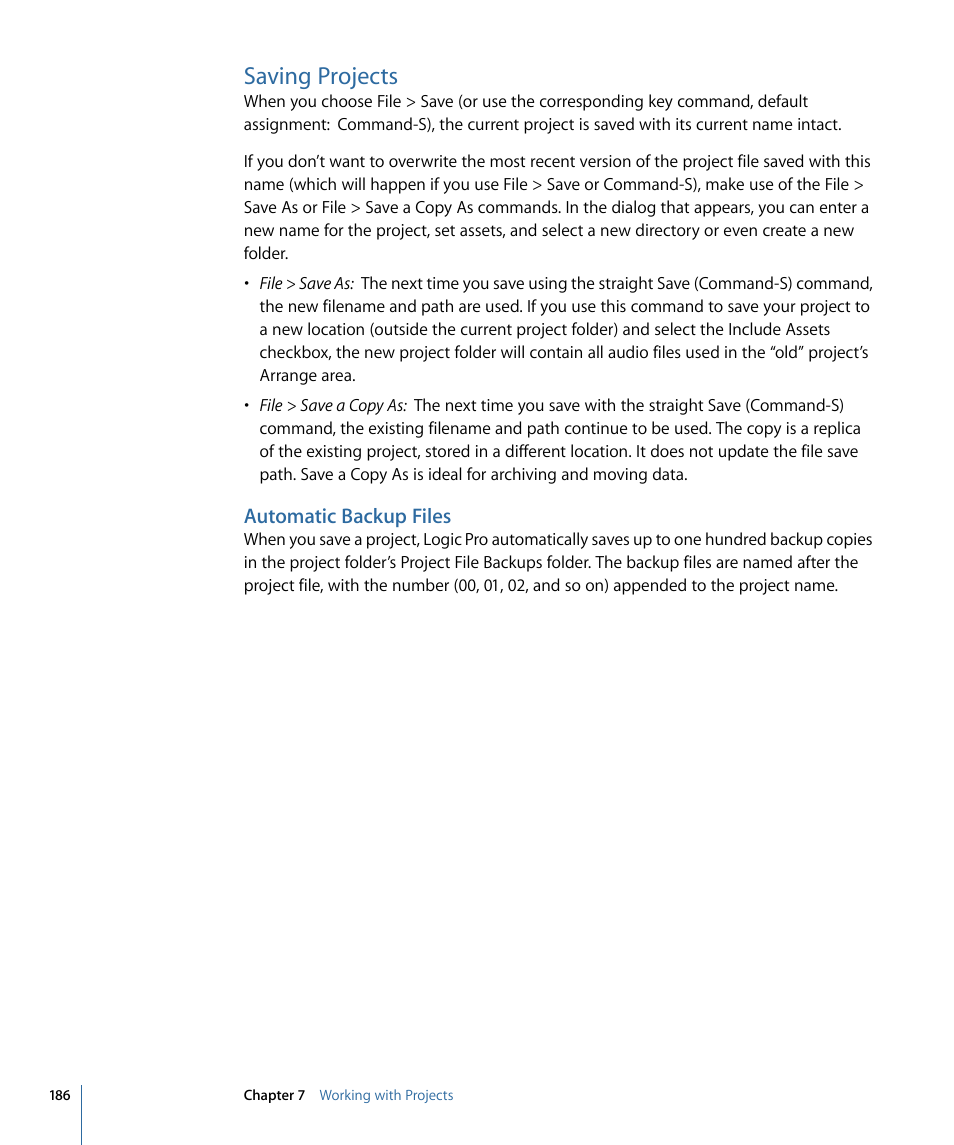 Saving projects, Automatic backup files | Apple Logic Pro 9 User Manual | Page 186 / 1340