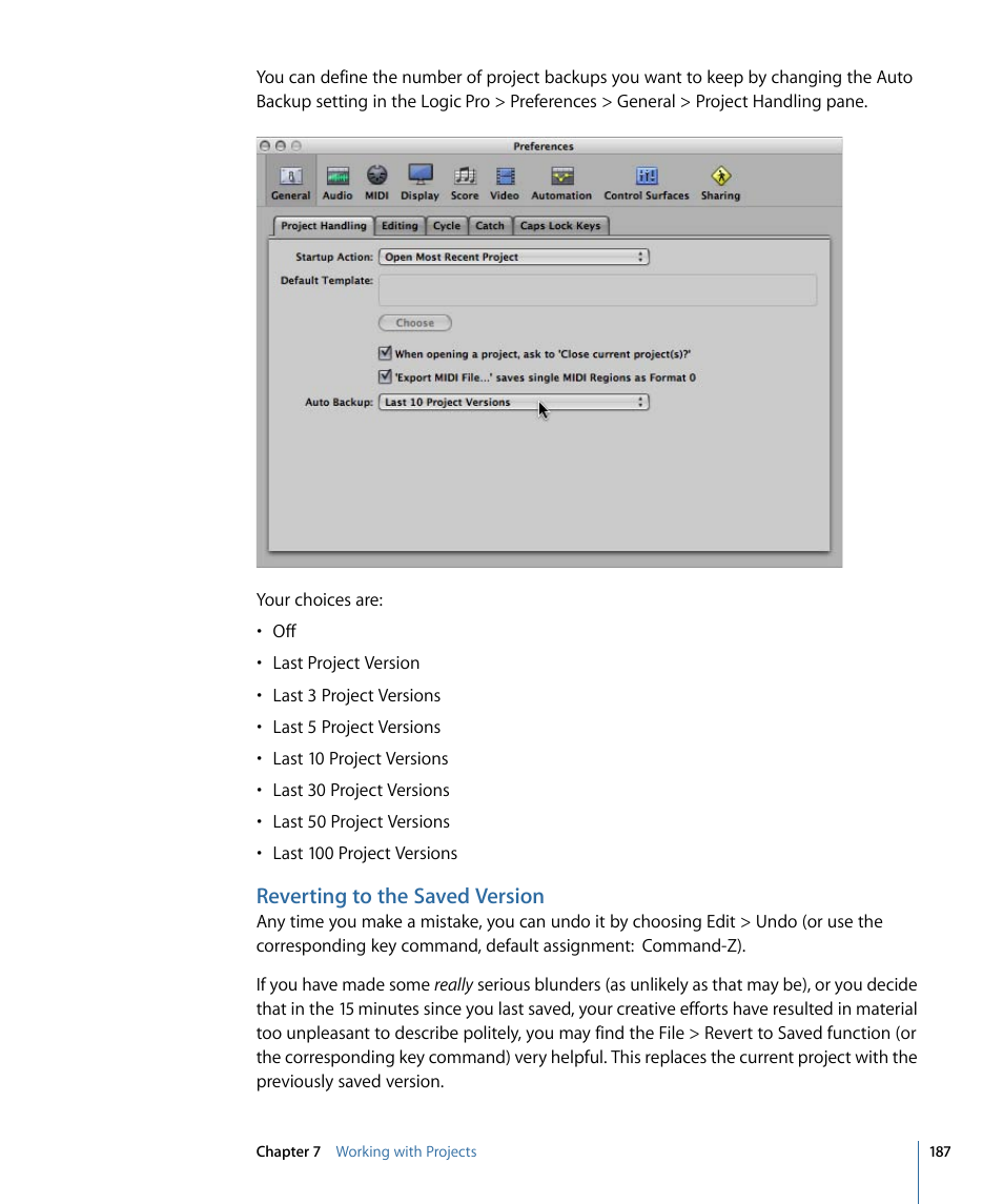 Reverting to the saved version | Apple Logic Pro 9 User Manual | Page 187 / 1340