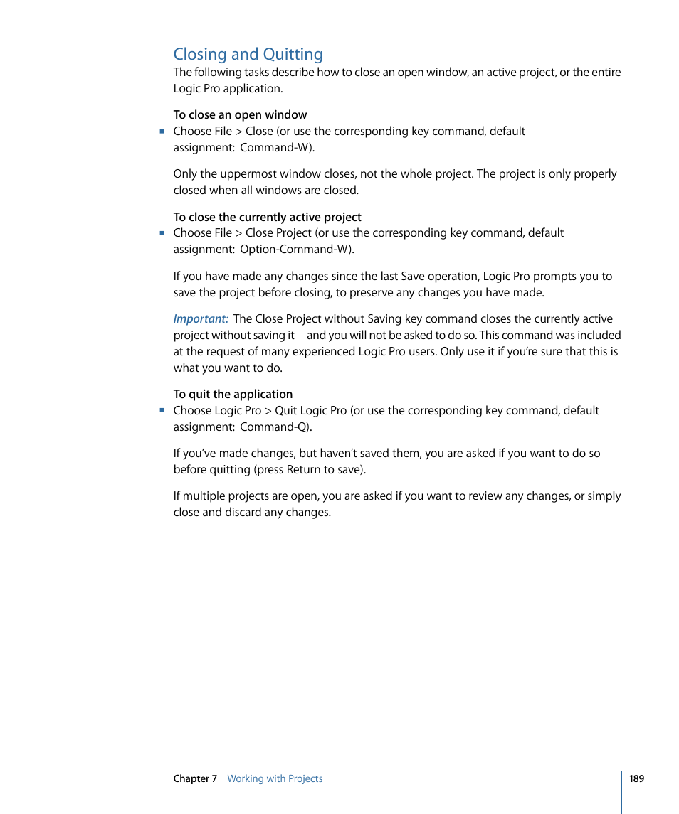 Closing and quitting | Apple Logic Pro 9 User Manual | Page 189 / 1340