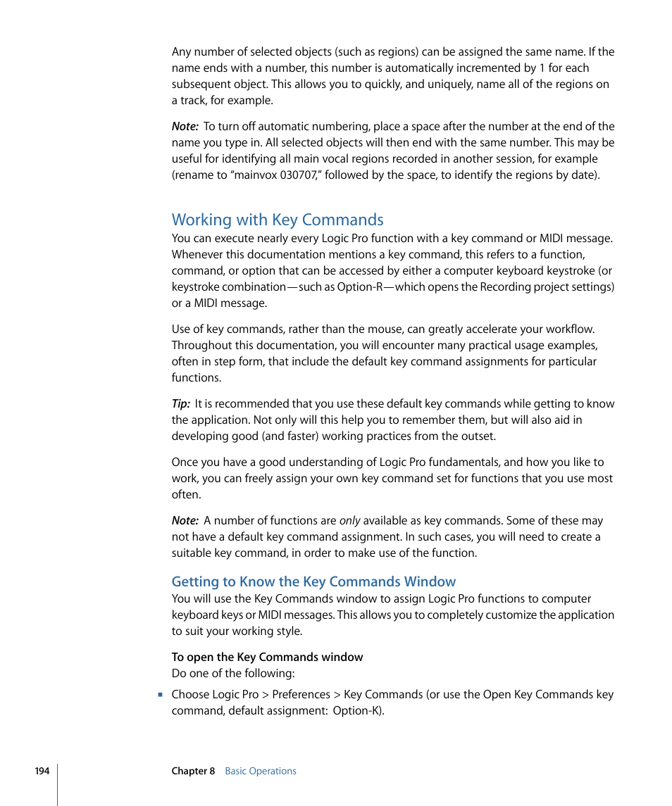 Working with key commands, Getting to know the key commands window | Apple Logic Pro 9 User Manual | Page 194 / 1340