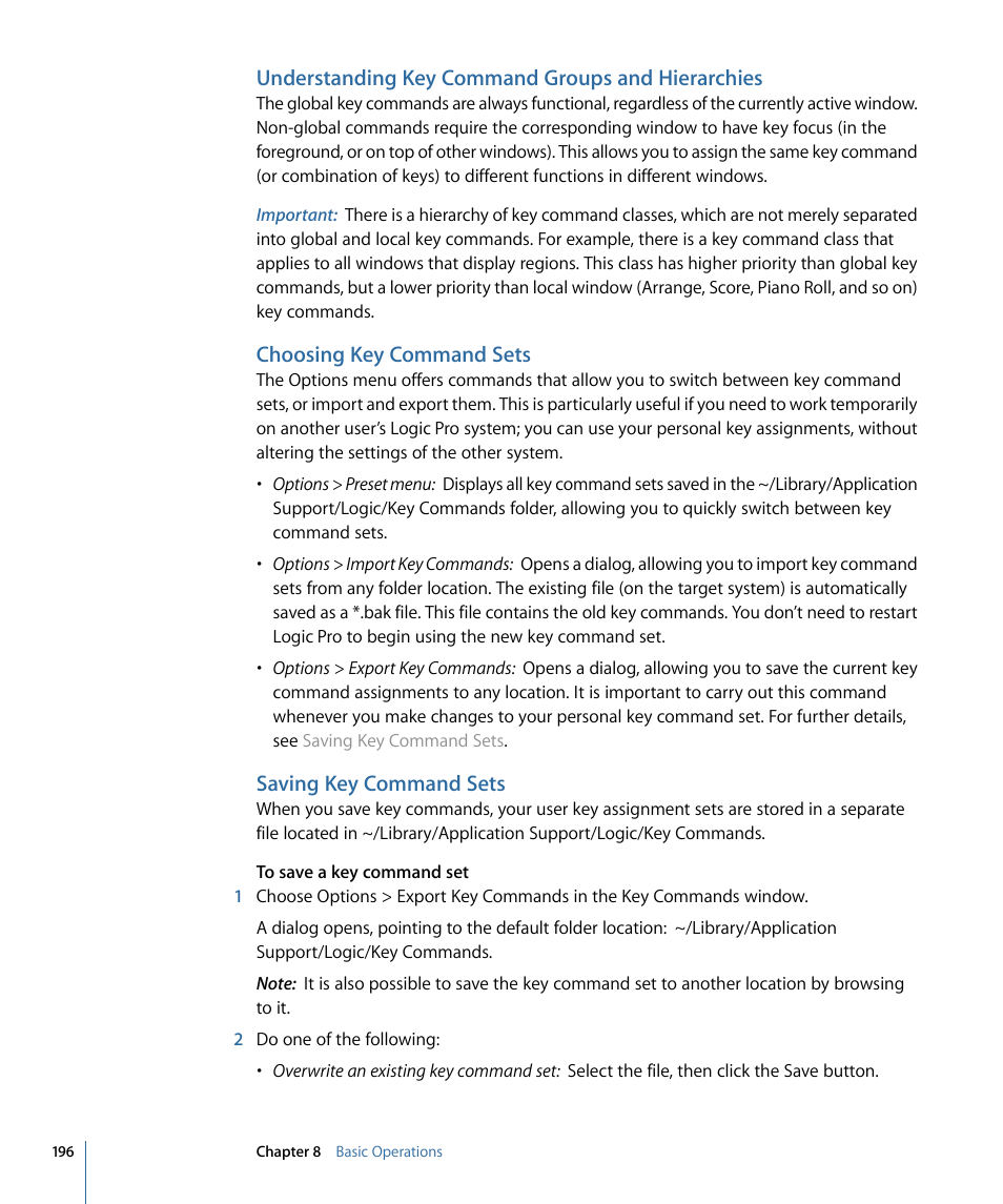 Understanding key command groups and hierarchies, Choosing key command sets, Saving key command sets | Apple Logic Pro 9 User Manual | Page 196 / 1340