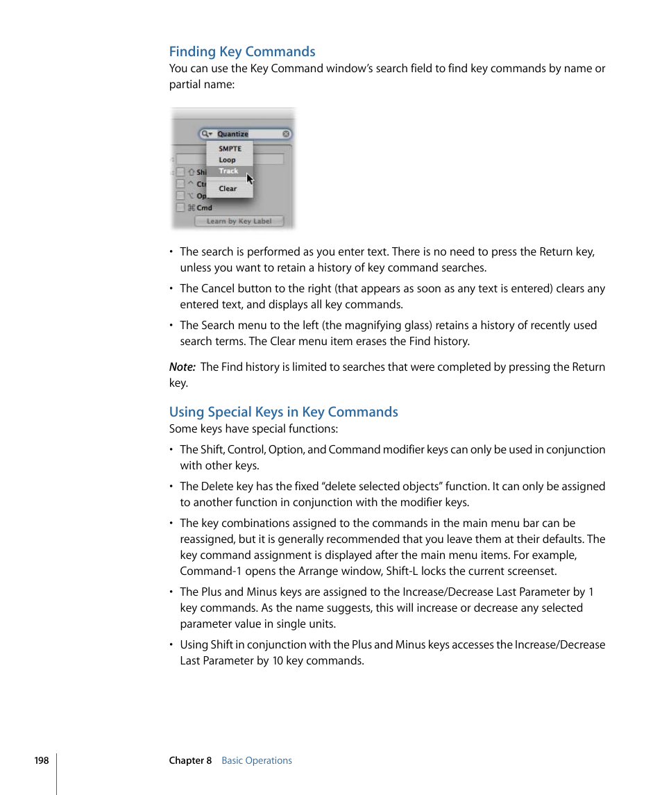 Finding key commands, Using special keys in key commands | Apple Logic Pro 9 User Manual | Page 198 / 1340
