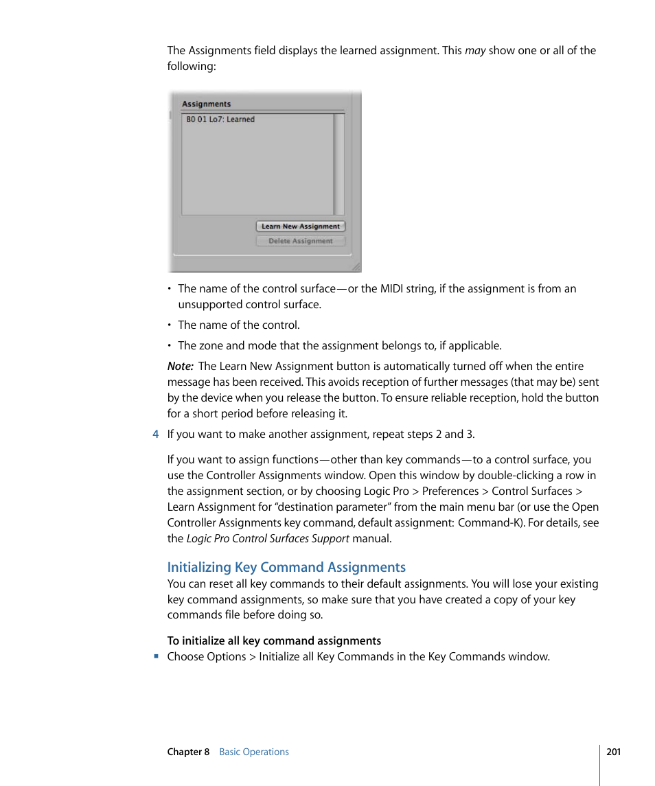 Initializing key command assignments | Apple Logic Pro 9 User Manual | Page 201 / 1340