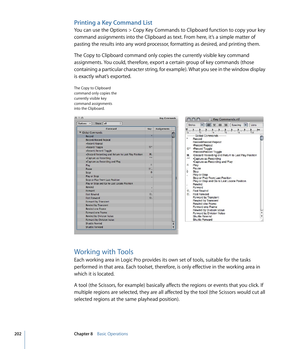 Printing a key command list, Working with tools | Apple Logic Pro 9 User Manual | Page 202 / 1340
