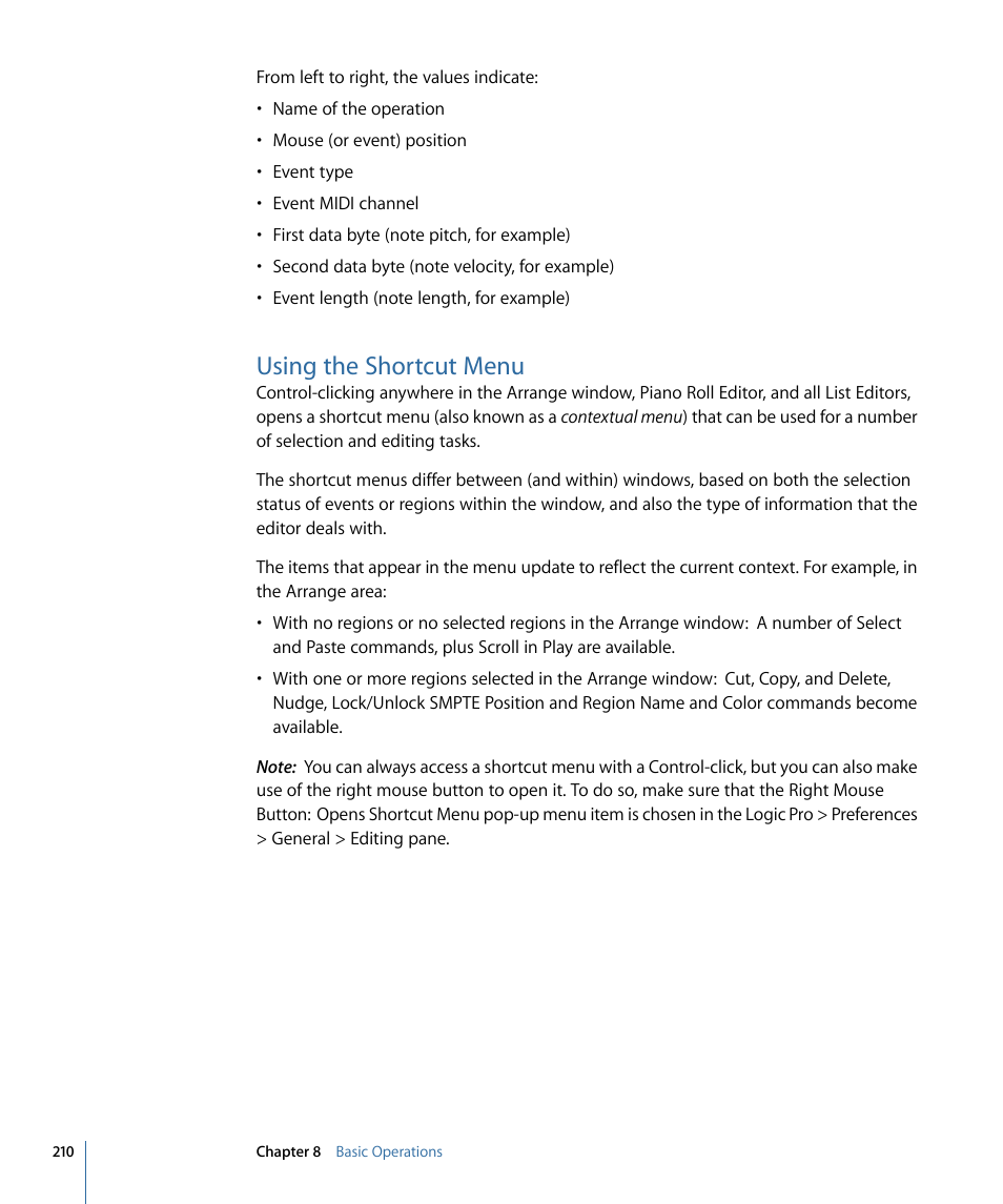 Using the shortcut menu | Apple Logic Pro 9 User Manual | Page 210 / 1340