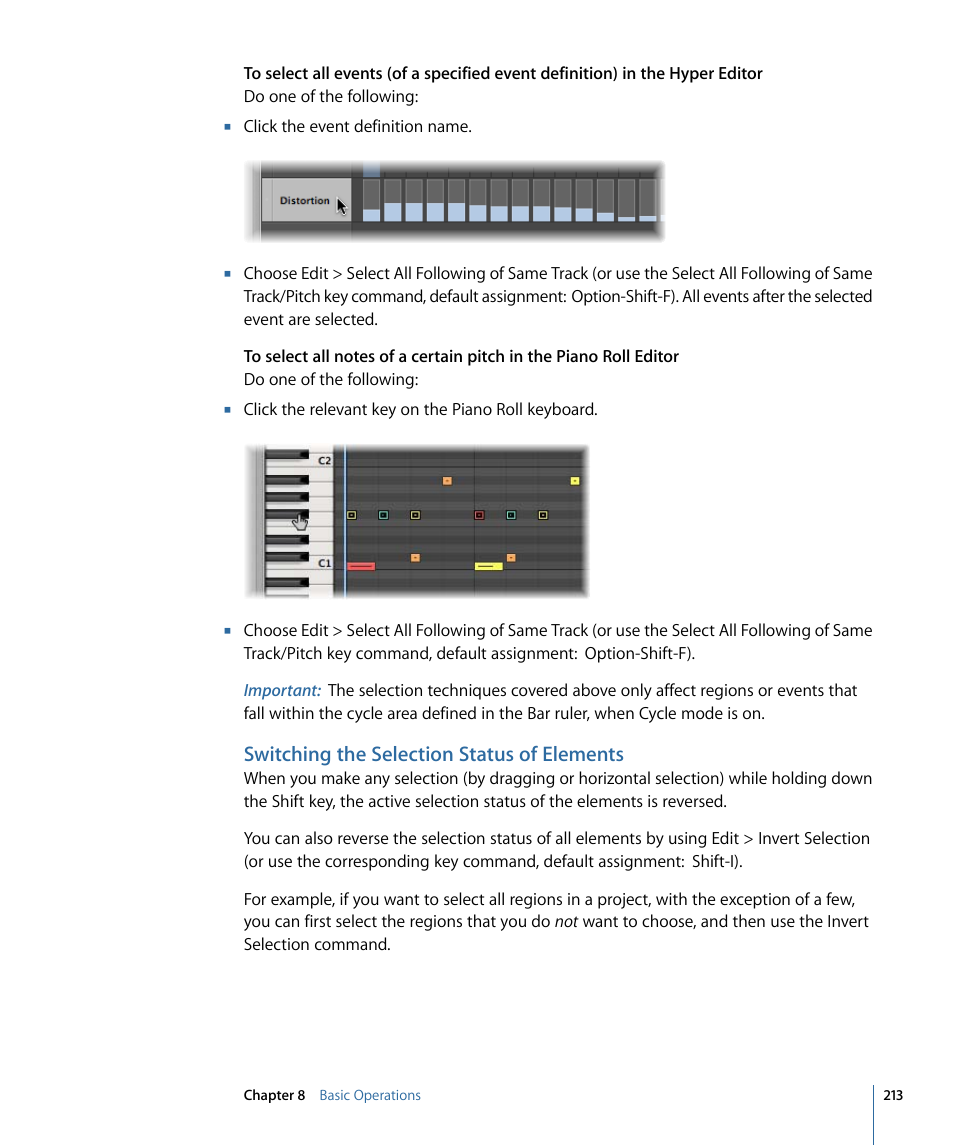 Switching the selection status of elements | Apple Logic Pro 9 User Manual | Page 213 / 1340