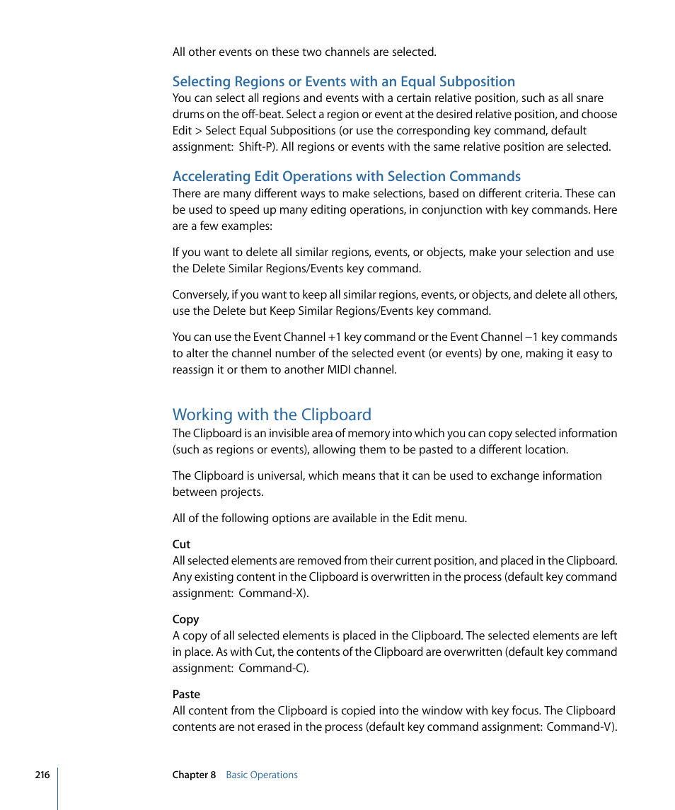 Working with the clipboard | Apple Logic Pro 9 User Manual | Page 216 / 1340